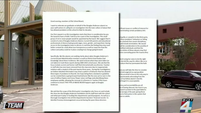 Letter from Douglas Anderson alumni asks that investigation look into possible financial links to teacher misconduct