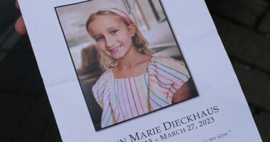 Evelyn Dieckhaus was remembered as a 'beacon of light' during her pink and green themed funeral on Friday