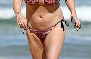 Holiday: Penny Lancaster looked incredible as she enjoyed a day out at Bondi Beach, Sydney in Australia on Wednesday