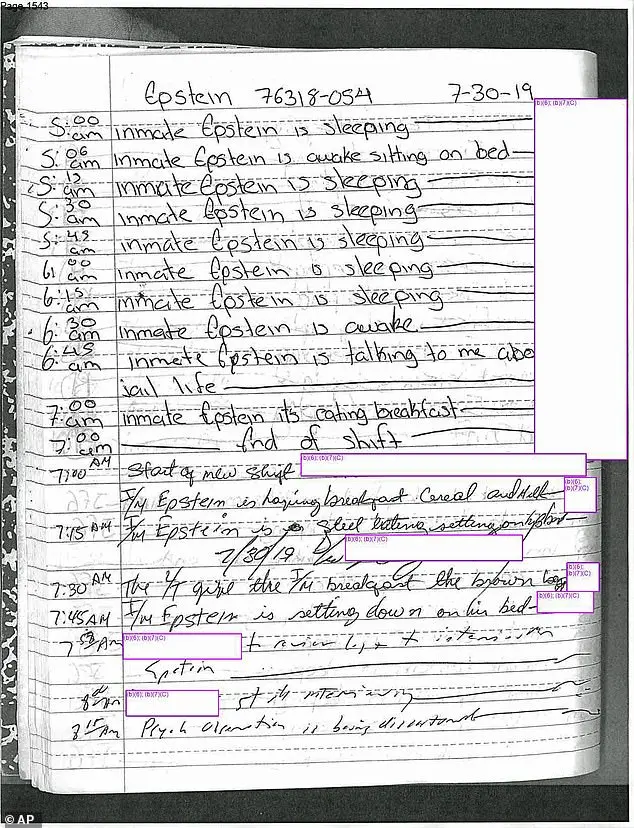Disgraced financier Jeffrey Epstein sat in the corner of his Manhattan jail cell with his hands over his ears, was upset about having to wear an orange jumpsuit and complained about being treated like a 'bad guy' weeks before he killed himself. Pictured: A suicide watch log monitoring Jeffery Epstein's activities on June 30, 2019