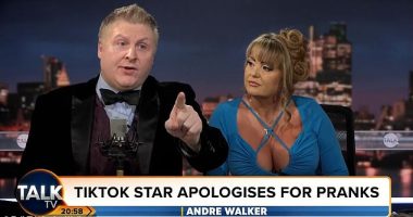 TikTok tearaway Mizzy was thrown off news channel TalkTV this evening by furious presenter Andre Walker (pictured) after he accused the influencer of 'threatening' a female guest