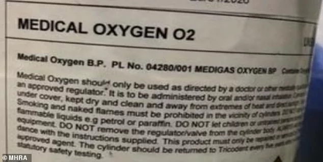 Medical regulators have withdrawn the product from the UK market and launched a criminal investigation into the company supplying the stock. Evidence was found that the medical oxygen supplied by Tricodent Limited had been 'falsified'. Pictured, the offending oxygen batches, labelled 'Medical Oxygen B.P PL No 04280/0001 MEDIGAS OXYGEN'