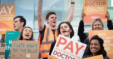 It comes as rising numbers of doctors are quitting due to worsening working conditions and poor pay. Many are also retiring in their 50s, moving abroad or leaving to work in the private sector because of soaring demand. Pictured, junior doctors and consultants on the picket line outside University College Hospital in London yesterday
