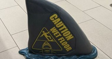 A clever shark fin wet floor sign, in Toronto, Canada , gave people the giggles