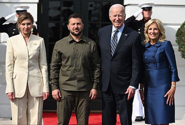 US President Joe Biden and First Lady Jill Biden welcome Ukrainian President Volodymyr Zelensky and First Lady Olena Zelenska at the South Portico of the White House