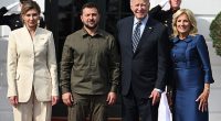 US President Joe Biden and First Lady Jill Biden welcome Ukrainian President Volodymyr Zelensky and First Lady Olena Zelenska at the South Portico of the White House