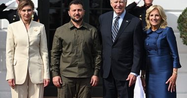 US President Joe Biden and First Lady Jill Biden welcome Ukrainian President Volodymyr Zelensky and First Lady Olena Zelenska at the South Portico of the White House
