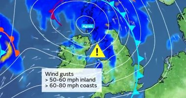 Britain braces for Storm Agnes: Satellite image shows storm hurtling across the UK as planes struggle to land and Ireland is battered with 75mph gale force winds - and forecasters warn 'the worst is yet to come'