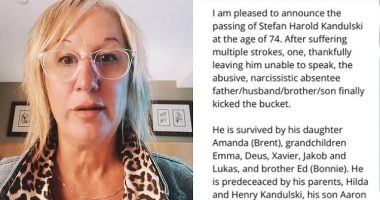 Canadian woman Amanda Denis publishes scathing obituary for late father branding him an 'abusive, narcissistic' parent, reveals she was happy stroke left him unable to speak - and thanks 'karma' for killing him