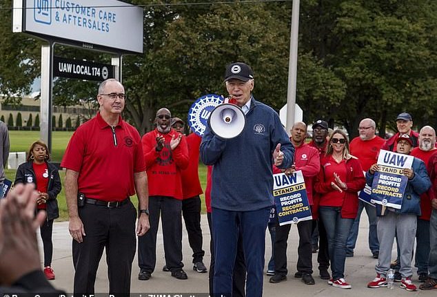 President Joe Biden stumbled down the shortened stairs of Air Force One into the Motor city on Tuesday to show solidarity with auto workers.