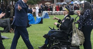 President Donald J. Trump greets Army Captain Luis Avila during the Armed Forces Welcome Ceremony in honor of the Twentieth Chairman of the Joint Chiefs of Staff Mark Milley at Joint Base Myer in Virginia, USA, 30 September 2019