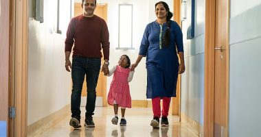 Aditi, 8, with father Uday and mother Divya pictured at Great Ormond Street Hospital, London a year after a life-changing kidney transplant