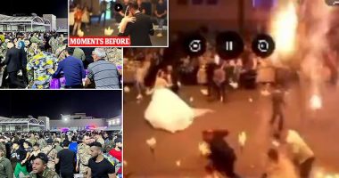Horrifying moment fire erupts at Iraqi wedding which left at least 100 dead and 150 wounded after 'fireworks set off blaze that ripped through hall' - with fears death toll will rise