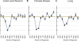 In the above graphs, researchers have mapped out the observed cancer case count in 2020 compared with their projected 2020 case count, or an observed-to-expected ratio (O/E). For all types of cancer included in the study, April 2020 was the month with the lowest ratio