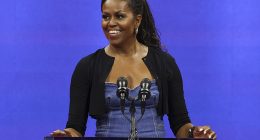 Former first lady Michelle Obama speaks at the opening ceremony of the of the U.S. Open tennis championships, Monday, Aug. 28, 2023