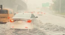 New York City was drenched on Friday as flash flooding hit the roads during rush hour and up to seven inches of rain are forecast. Flooding in Queens is pictured above