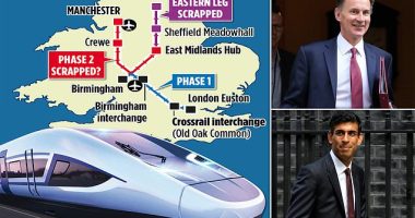 Rishi Sunak ducks over plan to scrap HS2 Manchester leg but says he IS still committed to 'Levelling Up' the North - as Tories rage at PM axing rail project days before party's pre-election conference in city