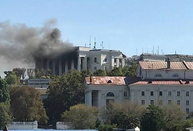Plumes of smoke were seen coming from the Russian headquarters after the Ukrainian attack