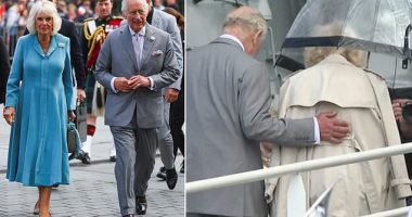 Sweet moment Charles affectionately puts his hand on Camilla's back as he helps her disembark plane in Bordeaux