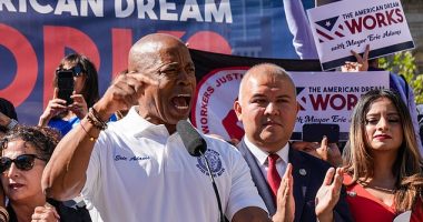 Mayor Eric Adams has declared a state of emergency. The New York City Mayor is pictured  at a rally calling for expedited work authorisation for asylum seekers in New York, August 31