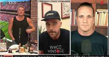 Travis Kelce (center) joined The Pat McAfee Show to break his silence on Taylor Swift