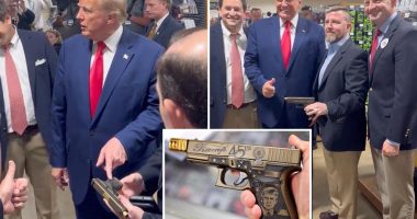 Trump fawns over pistol with his face on it during South Carolina swing