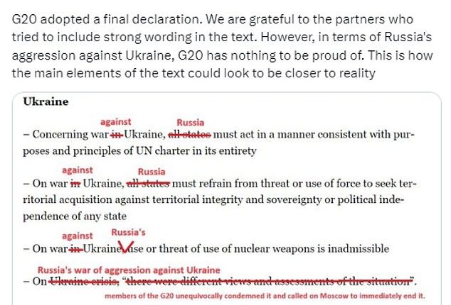Oleg Nikolenko, a spokesman at the Ukrainian Foreign Affairs Ministry, posted edits of the statement on X, pointing out it doesn't call out Russia for being an aggressor and refers to the war as 'in' Ukraine not 'against' the nation