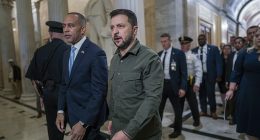 Ukrainian President Volodymyr Zelensky is welcomed to the Capitol by House Minority Leader Hakeem Jeffries