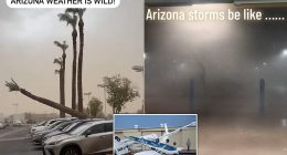 A monsoon swept through parts of Arizona on Tuesday night, drenching Phoenix and unleashing winds that downed power lines and flipped airplanes on their side. The intense rainfall came three days after Phoenix hit a new heat record, with the temperature reaching 110F on Saturday - reaching that mark for 54 days this year.