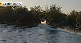 The sun can be seen glistening on the surface of the Fox River in McHenry before the speedboat cuts a violent path towards the shoreline and charges onto the grass for 73 feet, before ramming into the property