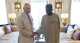 King Charles III and President of Nigeria Bola Ahmed Tinubu during a bilateral meeting in a hotel in Dubai, as they attend the Cop28 summit