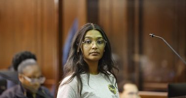 Mehwish Omer, 26, appears before a judge in Manhattan Criminal Court on Monday after surrendering to police earlier in the day