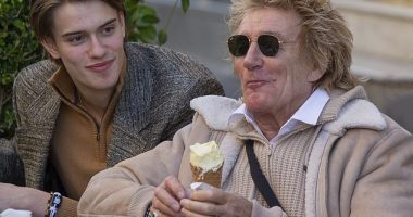 Rod Stewart looked delighted on Wednesday as he enjoyed a delicious looking ice cream cone in Rome with his son Alistair