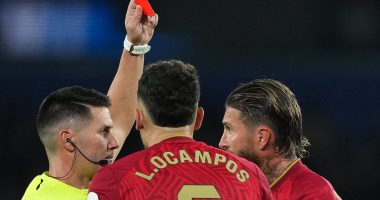 Sergio Ramos shown two red cards as veteran defender is sent off for the 29th time in his career... with Jesus Navas also dismissed as nine-man Sevilla beaten by Real Sociedad