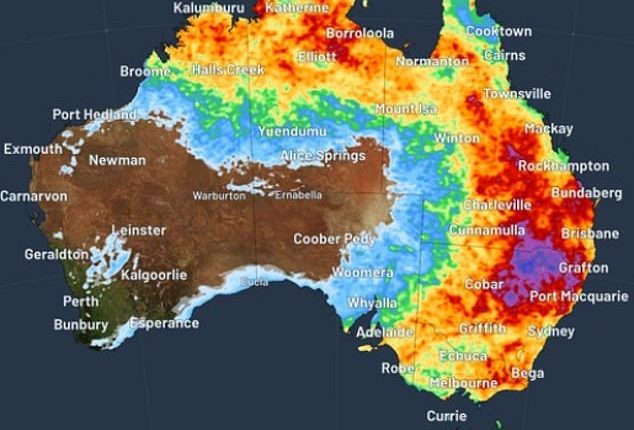 Australia's east coast is set for a damp week with rain forecast every day for the next seven days (pictured: the accumulated rainfall by Sunday, darker areas have more rainfall)