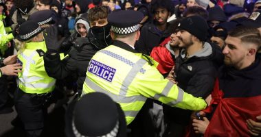 Thousands of Albanians descend on streets of Central London to 'celebrate independence day' with police confirming arrests have been made for shooting fireworks and throwing bottles