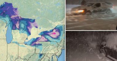 Upstate New York is set to be blanketed by up to two feet of snow as a lake effect storm sweeps in, bringing wind gusts of up to 35mph. Blizzard-like conditions have already shut down schools and caused treacherous driving conditions in western and northern parts of the region as of Tuesday morning. But the snowfall is expected to ramp up this afternoon, with up to three inches falling every hour in the worst affected parts, the National Weather Service warned.
