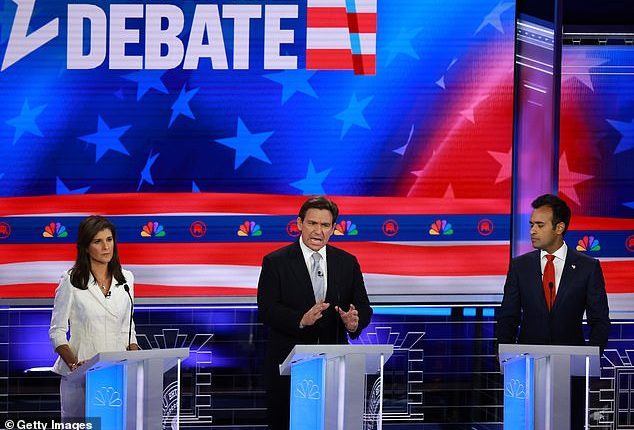 The top three contenders on-stage at the Republican presidential primary debate on Wednesday came out guns-blazing against Donald Trump, RNC Chairwoman Ronna McDaniel, the moderators and each other as tensions ran high from the get-go. Picture from L: Nikki Haley, Ron DeSantis, Vivek Ramaswamy