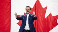 Canadian Conservative Party leader Pierre Poilievre gives the thumbs up during an election campaign rally. His slogan ‘Canada First’ is too much an echo of Trump for voters whose top demand is a PM who will ‘stand up to Trump’, writes Andrew Neil