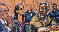 Diddy at his pretrial on Friday, sat alongside lawyers Marc Agnifilio and Teny Geragos. He wore a tan prison top and pants and occasionally shook his head in disagreement during the hearing