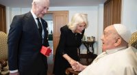King Charles III and Queen Camilla meet Pope Francis during day three of their State visit to The Republic of Italy on April 9, 2025 in Vatican City.