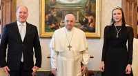 Monarchies from around the world have shared tributes to Pope Francis following his death yesterday aged 88. Pictured: Prince Albert and Princess Charlene with the Pope