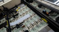 A sheet of uncut $20 bills is seen on a printing machine at the US Bureau of Engraving and Printing in Washington
