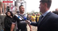 Jarryd Hayne speaks to Bailey Kenzie after his return to the rugby league field.