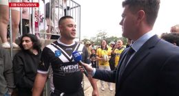 Jarryd Hayne speaks to Bailey Kenzie after his return to the rugby league field.