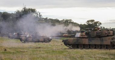 An Australian Army trooper fires the .50 cal heavy machine gun from an Australian Army M1A1 Abrams Main Battle Tank during Exercise Gauntlet Strike at the Puckapunyal Military Area in Victoria, Australia, on June 26, 2024.