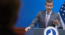 FILE - Transportation Secretary Sean Duffy speaks during a news conference, March 11, 2025, at the Department of Transportation in Washington. (AP Photo/Jacquelyn Martin, file)