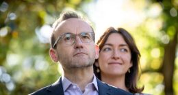 Adam Bandt, Leader of the Australian Greens and  Steph Hodgins-May, Greens Senator for Victoria updating the media on the likelihood that they will hold the balance of power in the Senate following Saturdays Federal Election.  They were in the Treasury Gardens, Melbourne. The Age. Picture:  Penny Stephens. Monday 5th May 2025