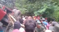 A crowd of people surrounding a tipped-over truck in a wooded area.