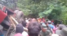 A crowd of people surrounding a tipped-over truck in a wooded area.
